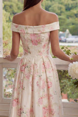 White Floral Off the Shoulder A Line Wedding Guest Dress