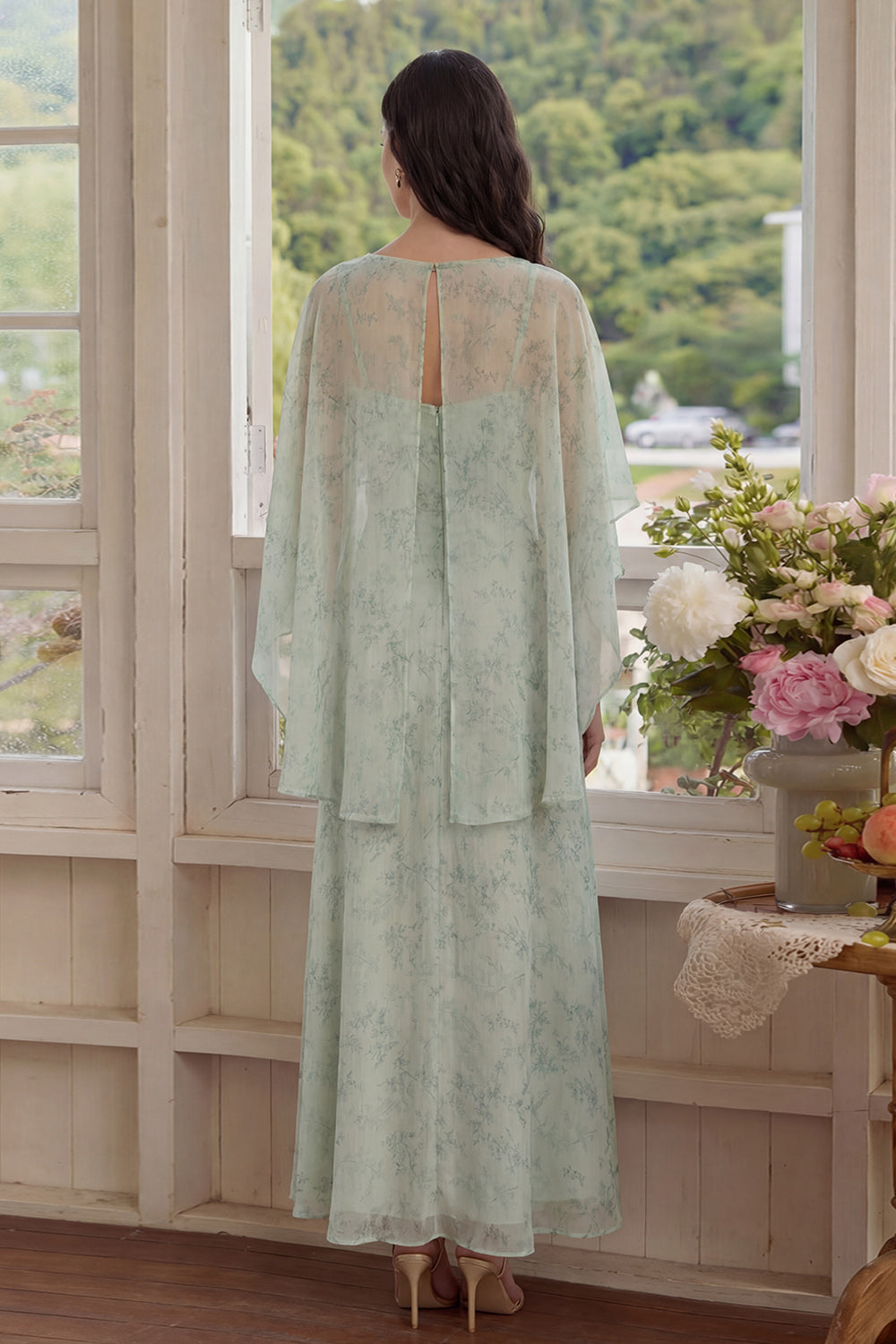 2 Piece A Line Dusty Sage Floral Wedding Guest Dress