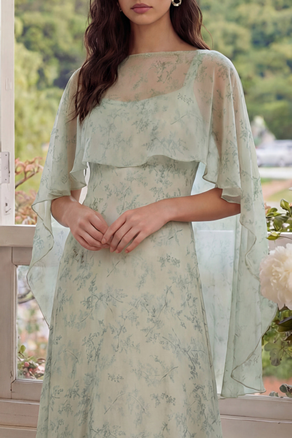 2 Piece A Line Dusty Sage Floral Wedding Guest Dress