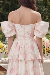 White Floral Off the Shoulder Tiered Wedding Guest Dress