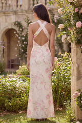 Halter Mermaid White Floral Cut Out Wedding Guest Dress