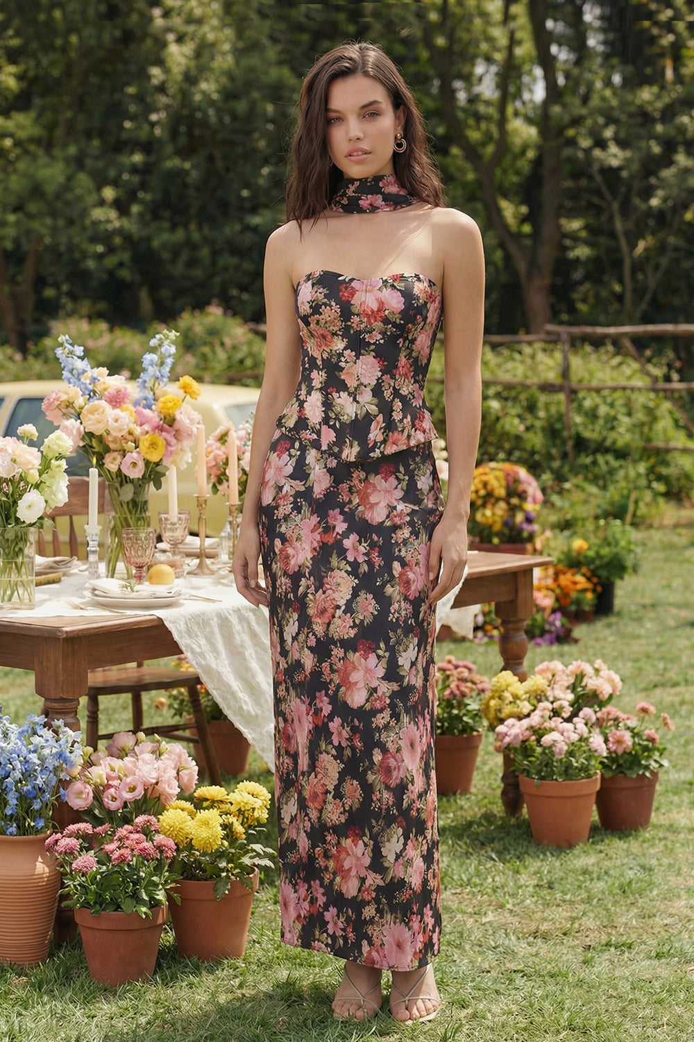2 Piece Strapless Corset Pink Floral Wedding Guest Dress
