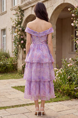 Off the Shoulder Floral Purple Tiered Wedding Guest Dress