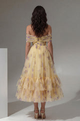 Off the Shoulder Yellow Floral Ruched A Line Wedding Guest Dress