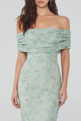 Floral Mermaid Off the Shoulder Dusty Sage Wedding Guest Dress