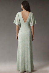 Floral A Line V Neck Dusty Sage Maxi Wedding Guest Dress