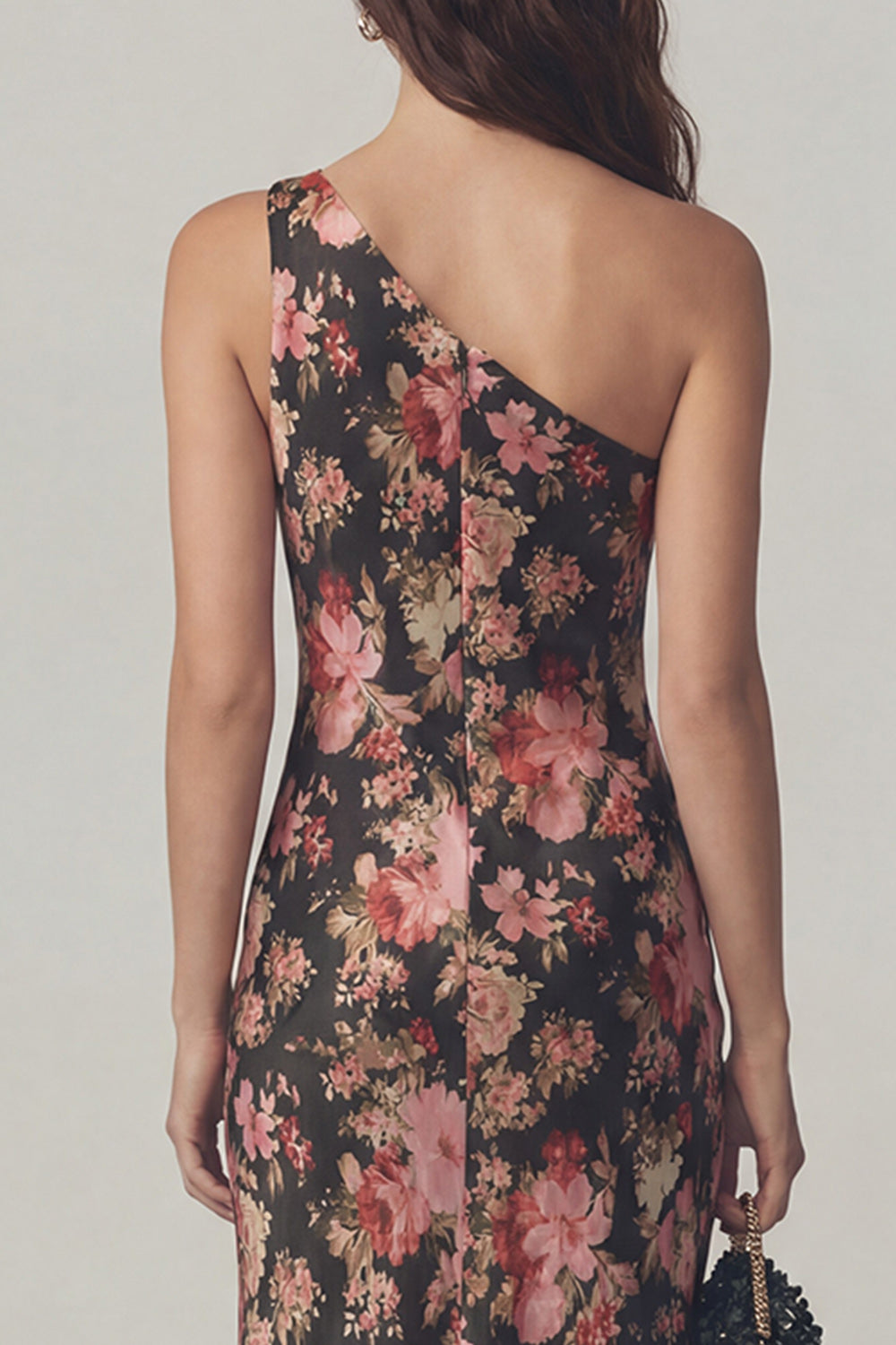 One Shoulder Pink Floral Maxi Wedding Guest Dress