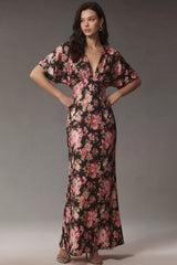 Pink Floral Flutter Sleeve V Neck Wedding Guest Dress