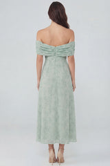 Off the Shoulder Floral A Line Dusty Sage Wedding Guest Dress