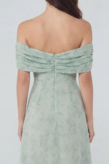 Off the Shoulder Floral A Line Dusty Sage Wedding Guest Dress