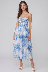 Blue Floral Strapless Corset Tiered Wedding Guest Dress