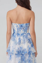 Blue Floral Strapless Corset Tiered Wedding Guest Dress