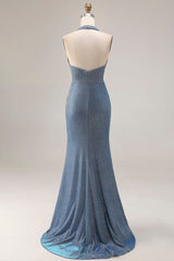 Gillter Halter Mermaid Ruched Dusty Blue Prom Dress