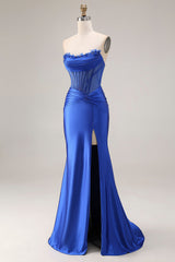 Strapless Royal Blue Mermaid Satin Beaded Prom Dress