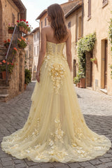 High Low Strapless Yellow Corset Maxi Prom Dress