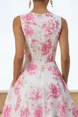 Floral White A Line Wedding Guest Dress with Pockets