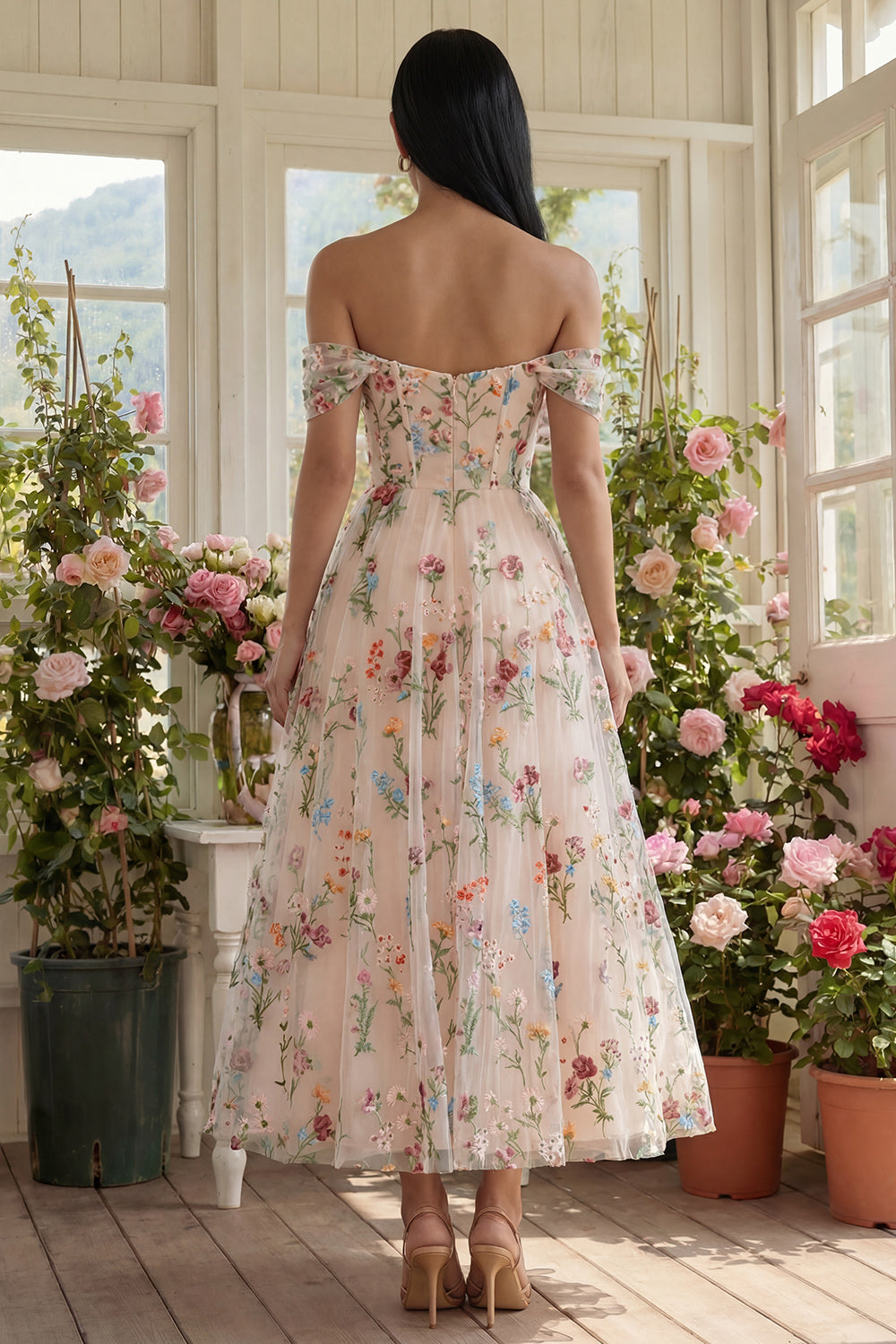 Off the Shoulder Floral Black A Line Wedding Guest Dress