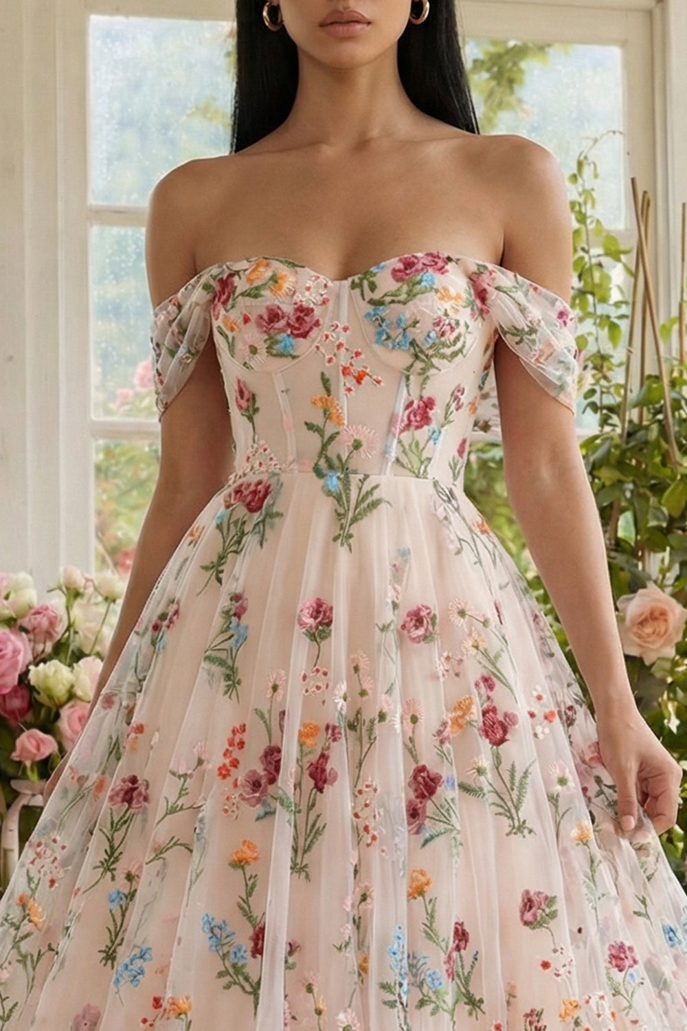 Off the Shoulder Floral Black A Line Wedding Guest Dress