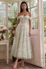 Off the Shoulder Corset Light Green Floral A Line Wedding Guest Dress