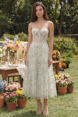 Floral Corset Light Green A Line Wedding Guest Dress