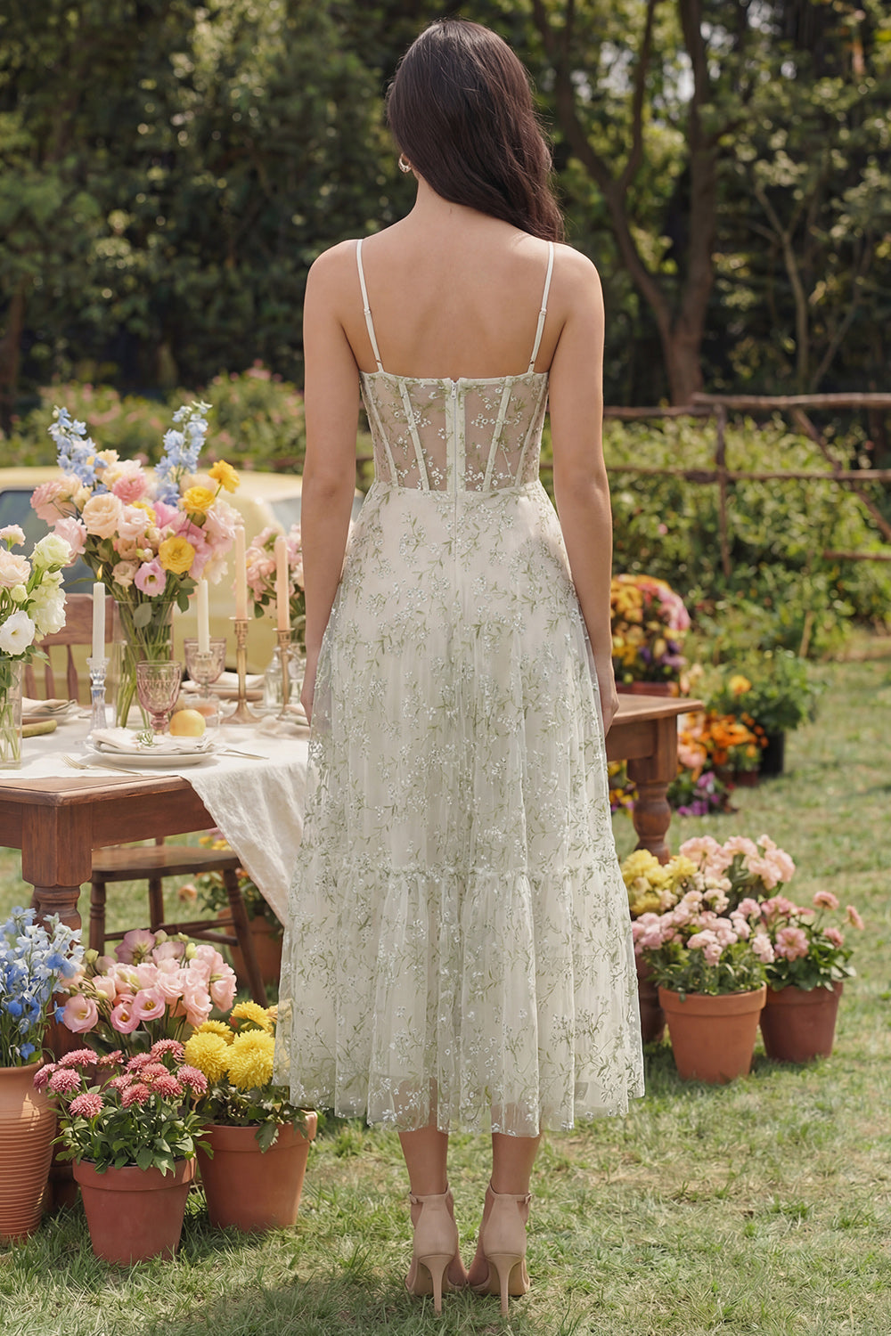 Floral Corset Light Green A Line Wedding Guest Dress