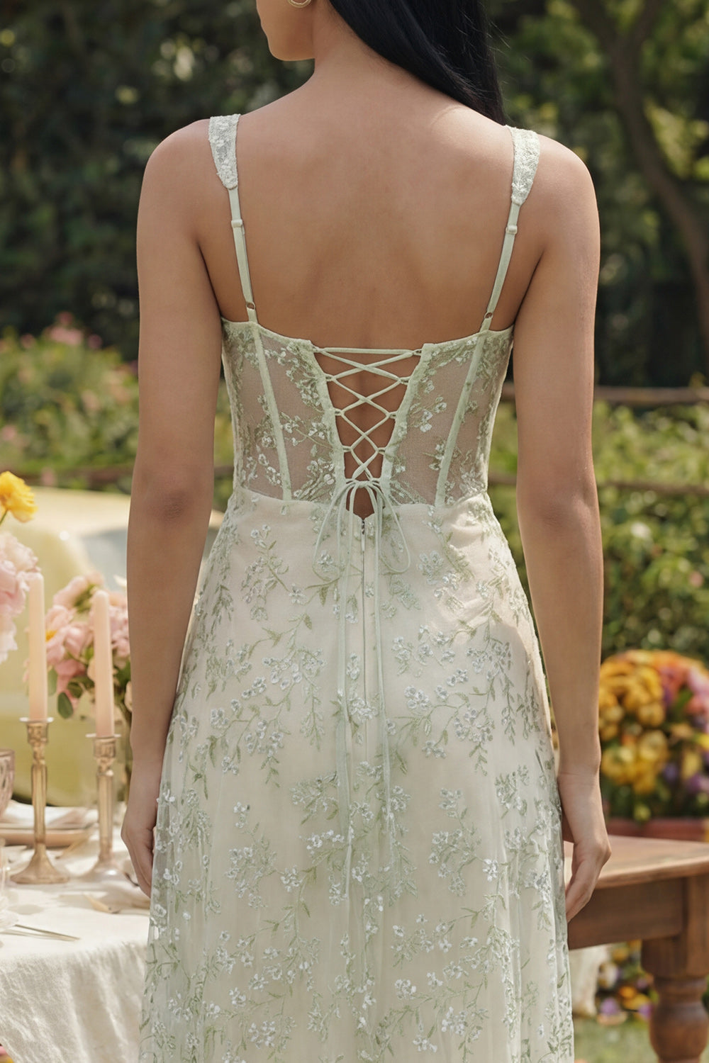 Floral Corset Light Green A Line Wedding Guest Dress with Slit