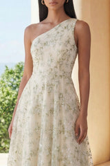 Floral One Shoulder Light Green A Line Wedding Guest Dress