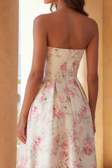 Strapless Floral White High Low Ruffled Wedding Guest Dress