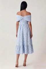 Off the Shoulder Blue Floral A Line Midi Wedding Guest Dress
