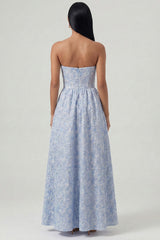 Strapless Floral Blue A Line Maxi Wedding Guest Dress