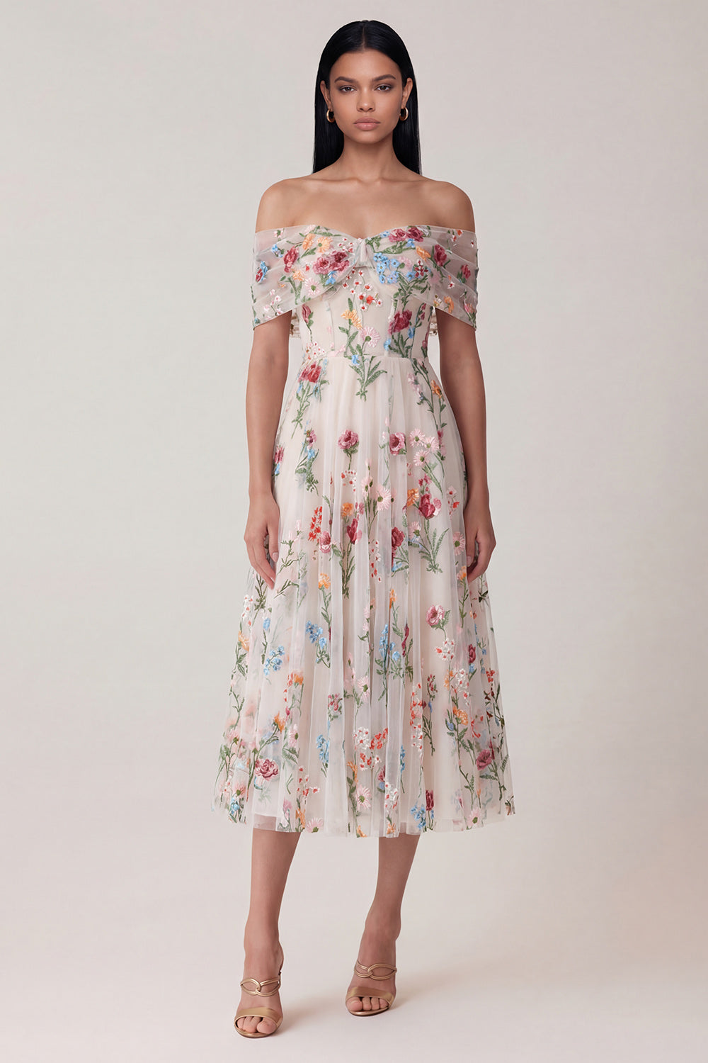 Black Off the Shoulder Floral Embroidered Wedding Guest Dress