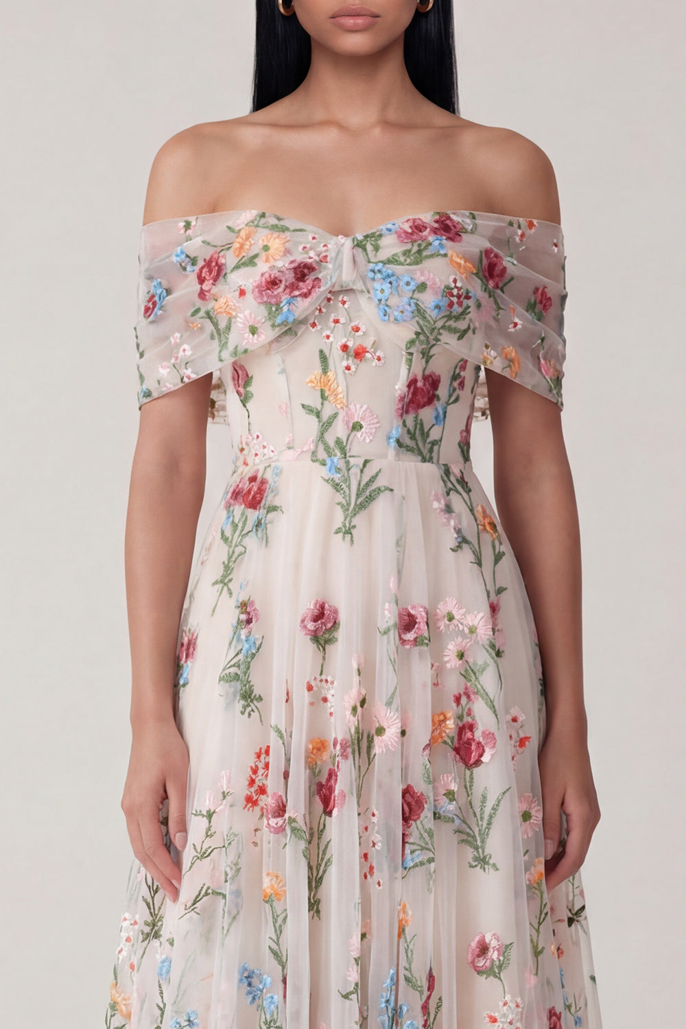 Black Off the Shoulder Floral Embroidered Wedding Guest Dress