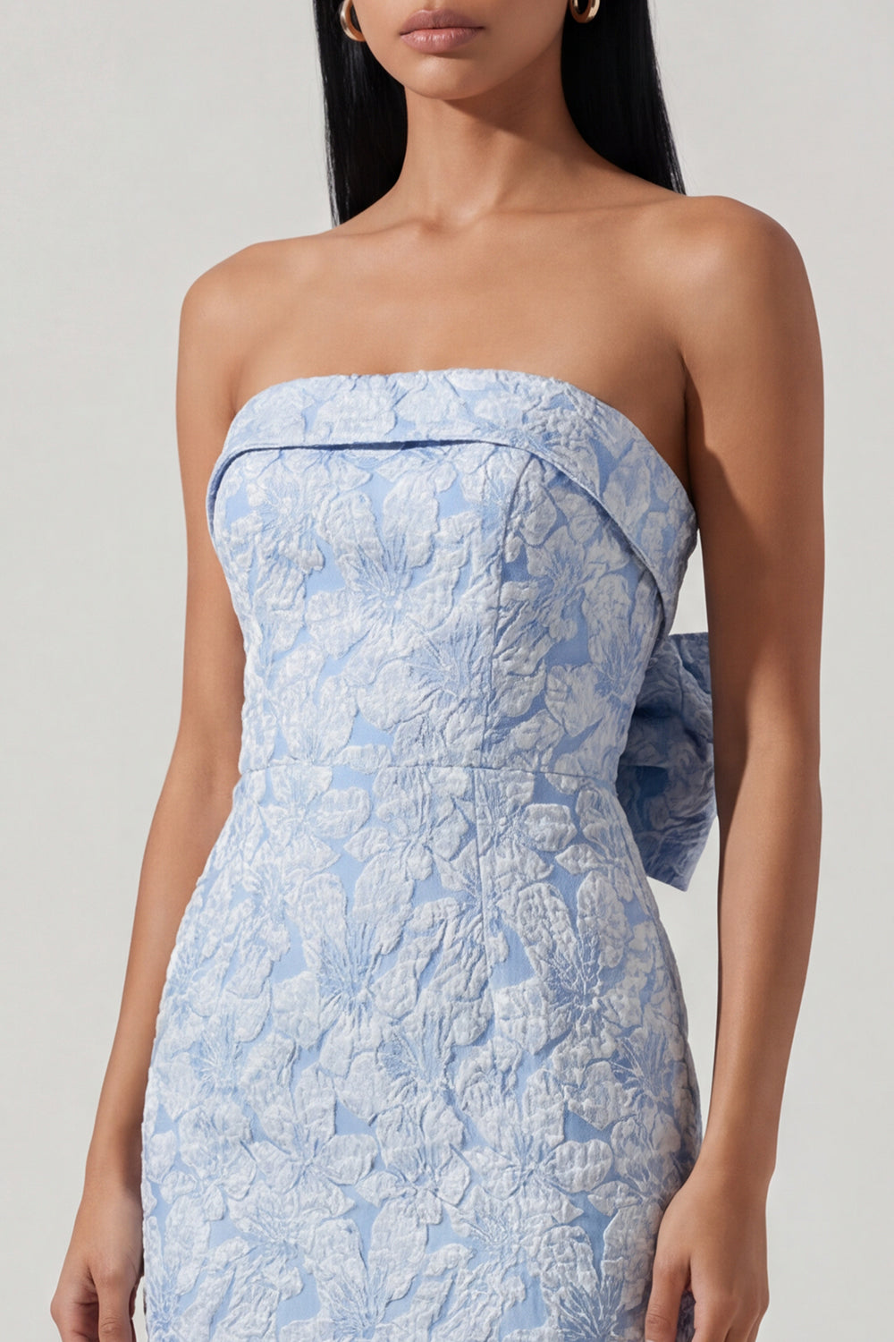 Blue Strapless Floral Wedding Guest Dress with Bow