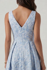 A Line Blue Floral V Neck Wedding Guest Dress