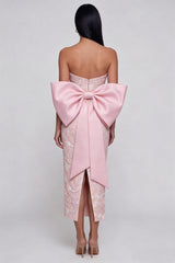 Sparkly Pink Strapless Floral Wedding Guest Dress with Bow