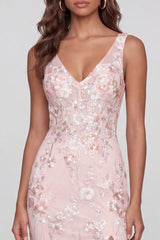 Pink Floral Sequin V Neck Maxi Wedding Guest Dress