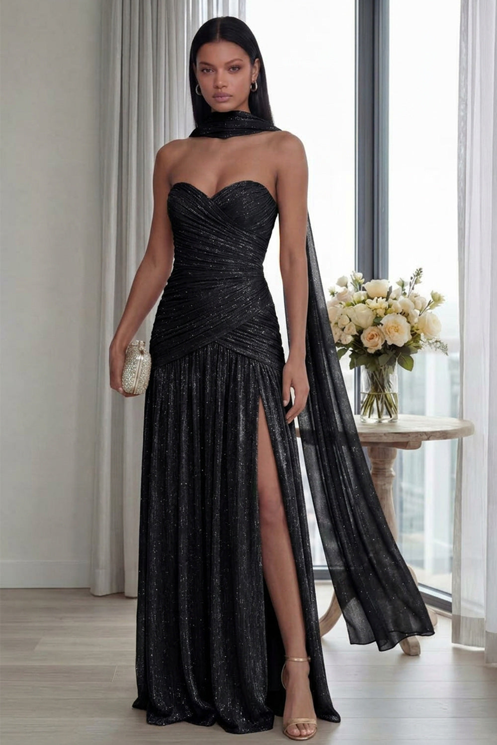 Strapless Ruched A Line Dusty Sage Formal Dress with Slit