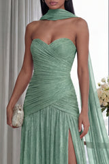 Strapless Ruched A Line Dusty Sage Formal Dress with Slit
