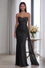 Black Strapless Ruched Formal Dress with Streamer