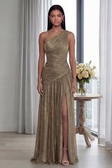 Gold One Shoulder Ruched A Line Formal Dress
