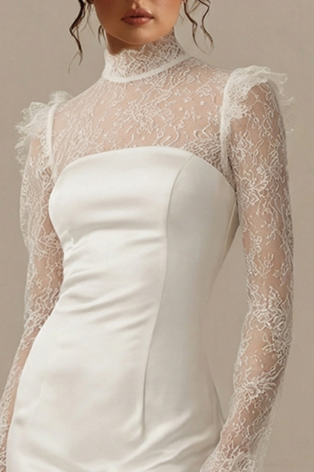 High Neck Lace Long Sleeve Mini White Dress