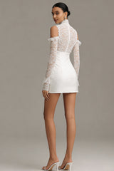 Long Sleeve High Neck Cut Out Mini White Dress
