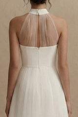 A Line High Neck Mini White Dress with Train