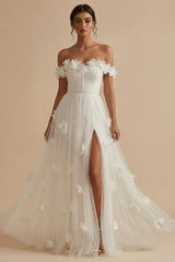 Off the Shoulder A Line Appliqued White Wedding Dress
