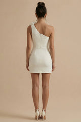 One Shoulder 3D Flower Bodycon Mini White Dress