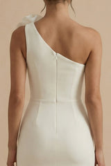 One Shoulder 3D Flower Bodycon Mini White Dress