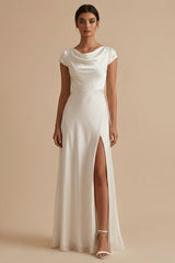 Cowl Neck Satin A Line White Dress with Slit