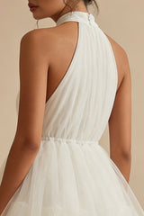 Halter Tulle Tiered Mini White Dress