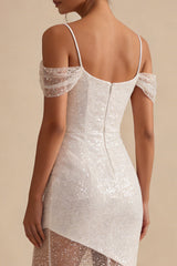 Sparkly Cold Shoulder Maxi White Dress