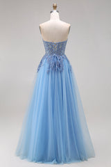 Blue Strapless Appliqued Corset A Line Tulle Prom Dress